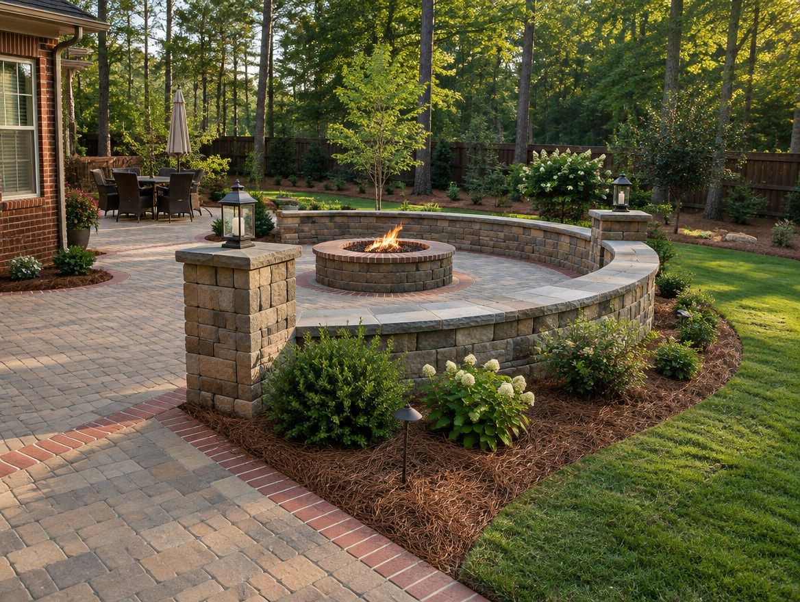 Paver patio with a stone retaining wall and fire pit in a landscaped backyard
