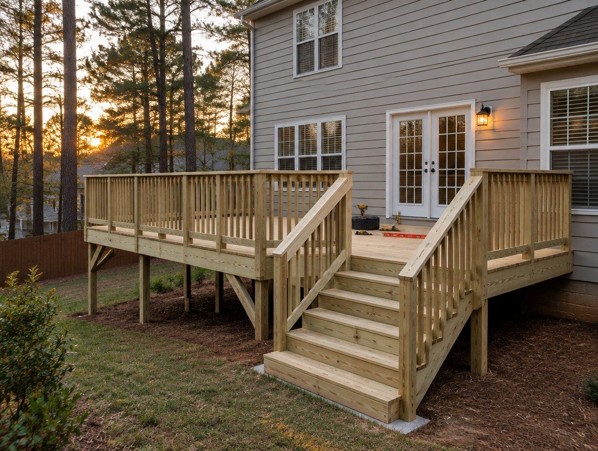 New wooden backyard deck with railings and stairs on a Georgia home