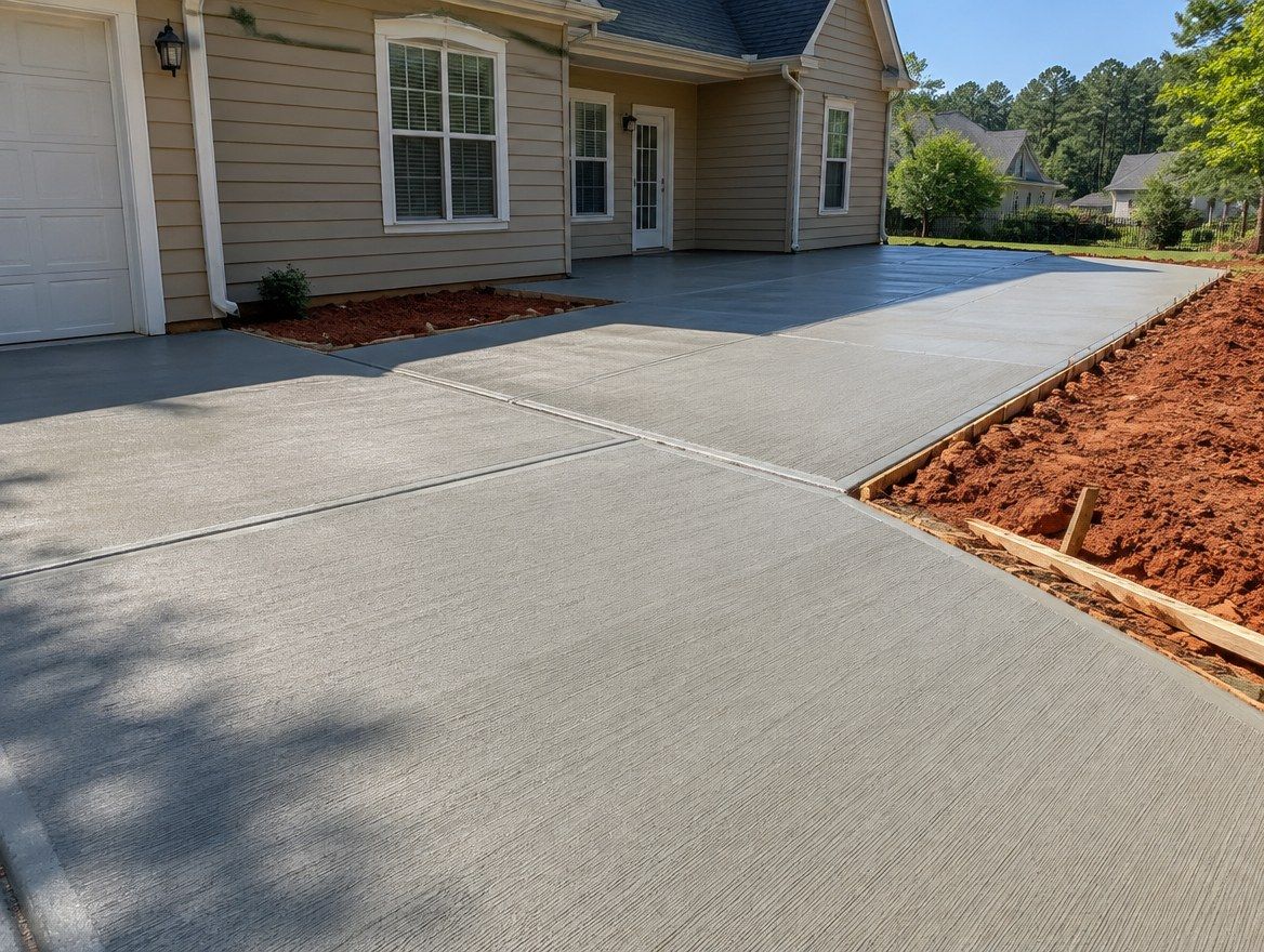 Freshly poured concrete driveway beside a suburban home