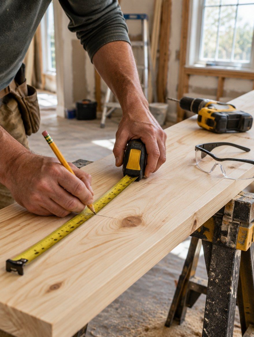 Contractor measuring and marking a board on sawhorses during a renovation