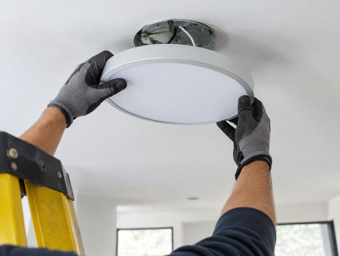Electrician installing a modern LED ceiling light fixture
