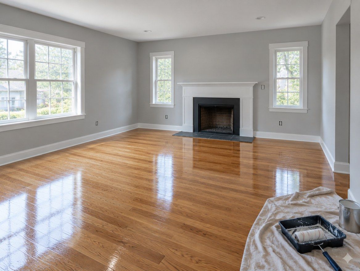 Living room with freshly refinished hardwood floors and new paint