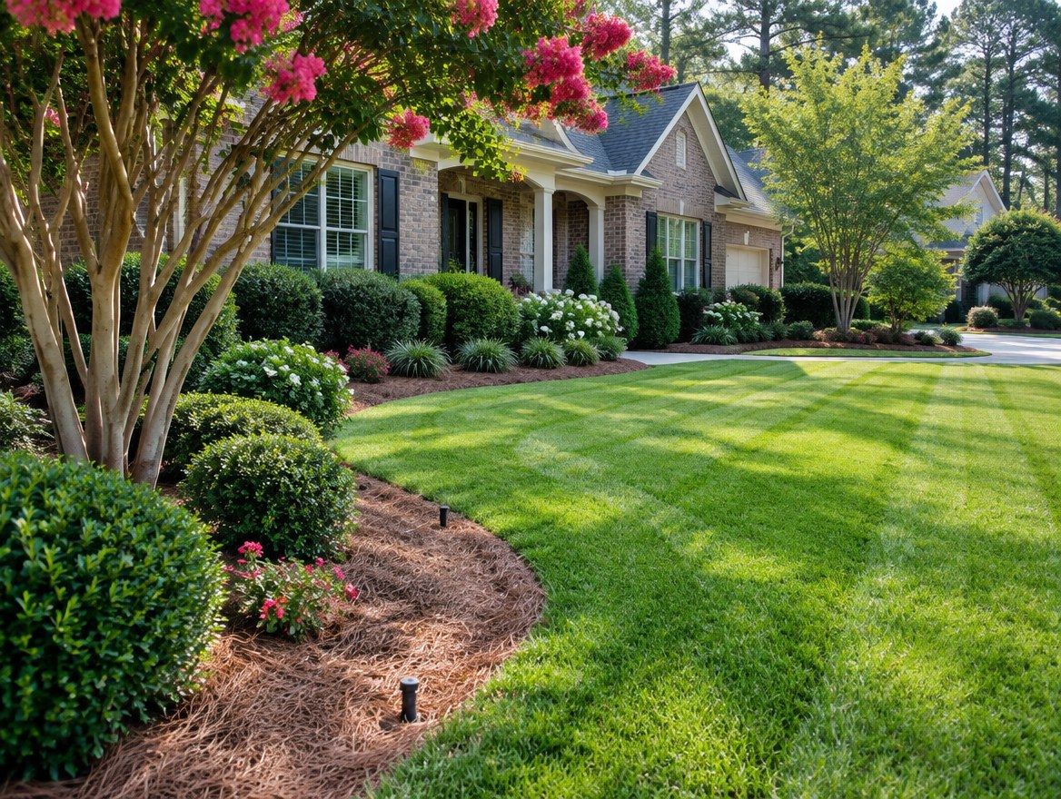 Freshly mowed lawn with edged beds, pine straw and trimmed shrubs