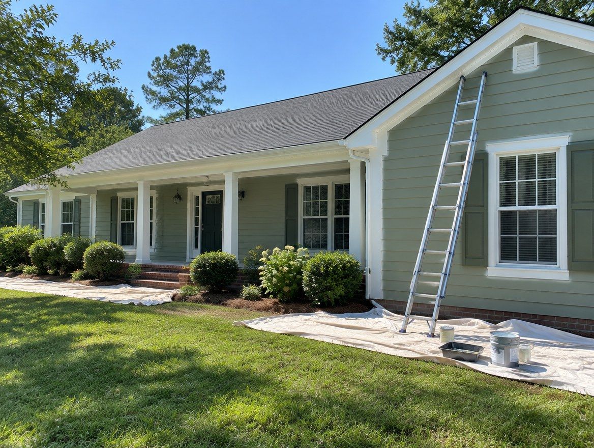 Ranch home with fresh exterior paint and a ladder against the siding