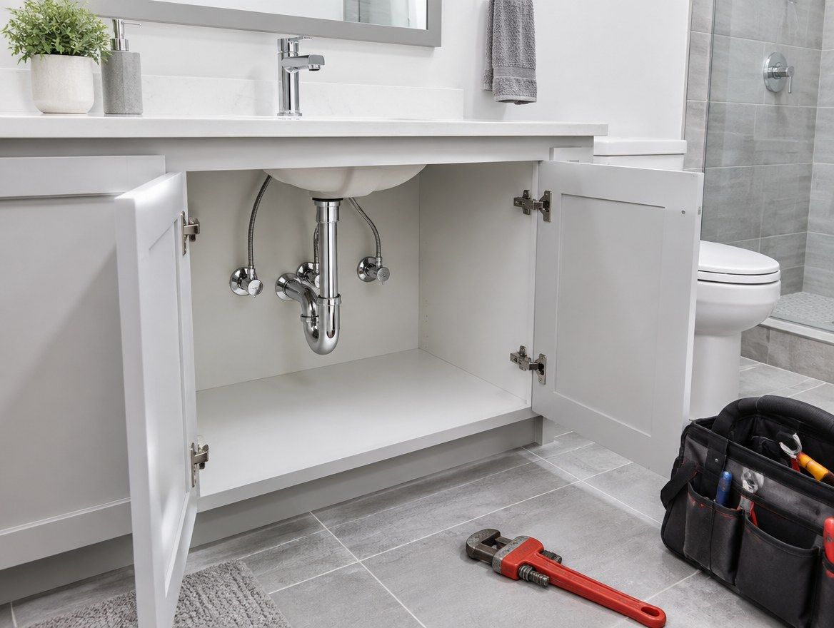 Newly installed bathroom vanity faucet and under-sink plumbing